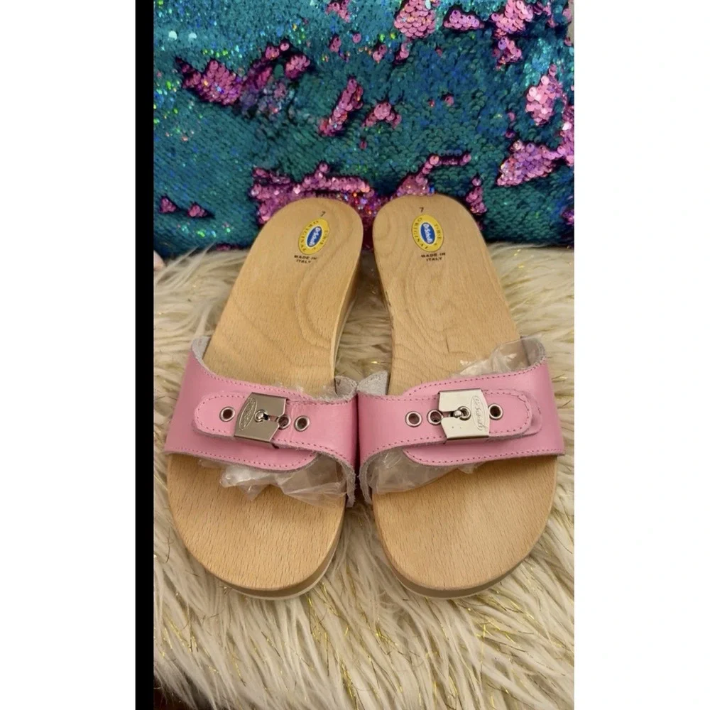 VTG New Original Dr. Scholls W Wooden Exercise Sandals Pink Made in Italy 7